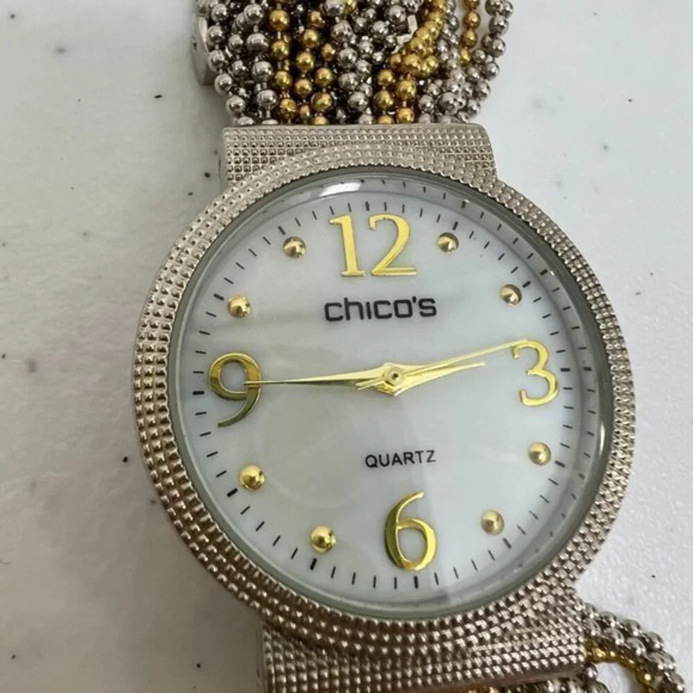 Chicos‎ Watch Chain Multi Strand Mixed Metal Gold Silver Tone Big Face White
